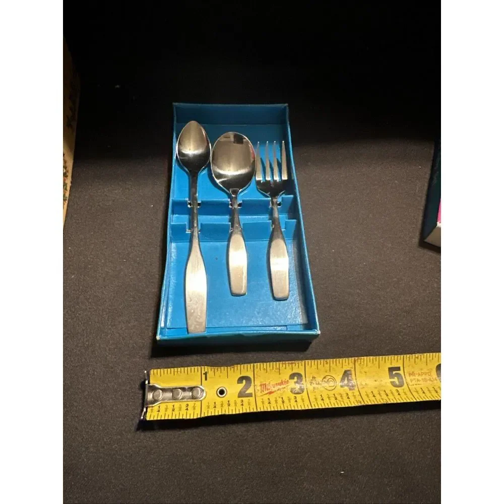 Vintage Leonard Silver Co.‎ Stainless 3 Piece Baby Flatware Set Mint in Box NIB